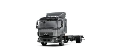 Widok studyjny z przodu i z boku szarego samochodu ciężarowego Volvo FL.