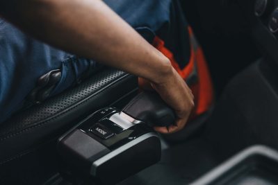 The I-shift gear lever is integrated in the Volvo FH driver seat.