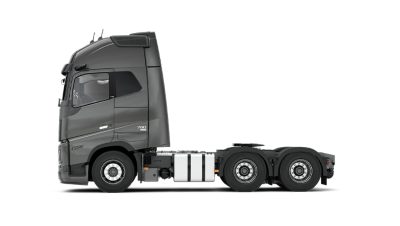 Side view of a Volvo FH16 truck chassis on a clean white background.