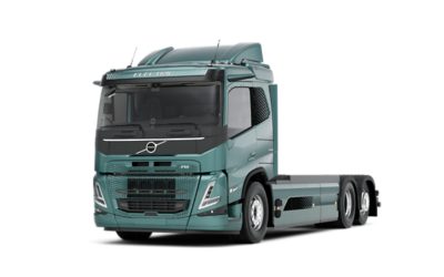 Studio front-side view of a blue Volvo FM truck.