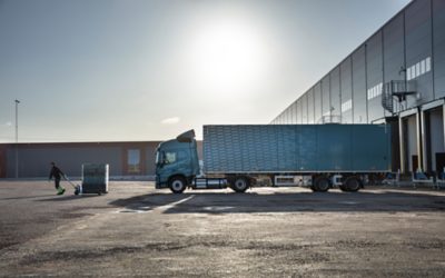 Volvo FM gas-powered at distribution terminal, viewed from the side