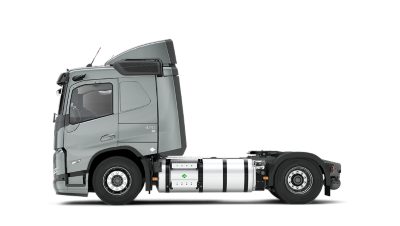 Side view of a Volvo FM gas-powered truck chassis on a clean white background.