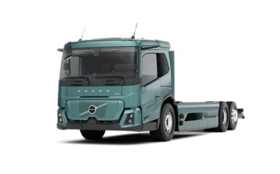 Studio front-side view of a turquoise Volvo FM Low Entry truck.