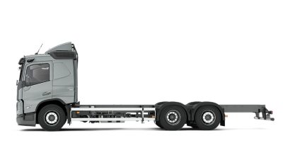 Side view of a Volvo FM truck chassis on a clean white background.