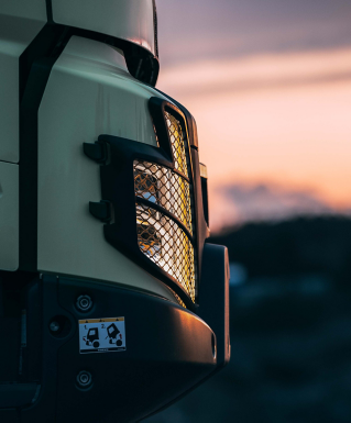 Well protected Volvo FMX headlamps.