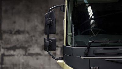 Modern Volvo FMX mirror design improves visibility.