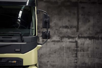Modern Volvo FMX mirror design improves visibility.