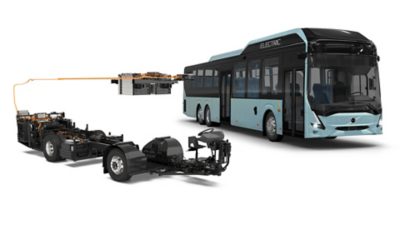 Studio image of a low-entry electric bus chassis and complete bus