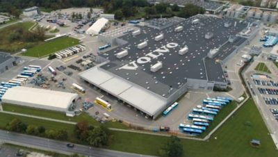 an aerial shot of a Volvo factory