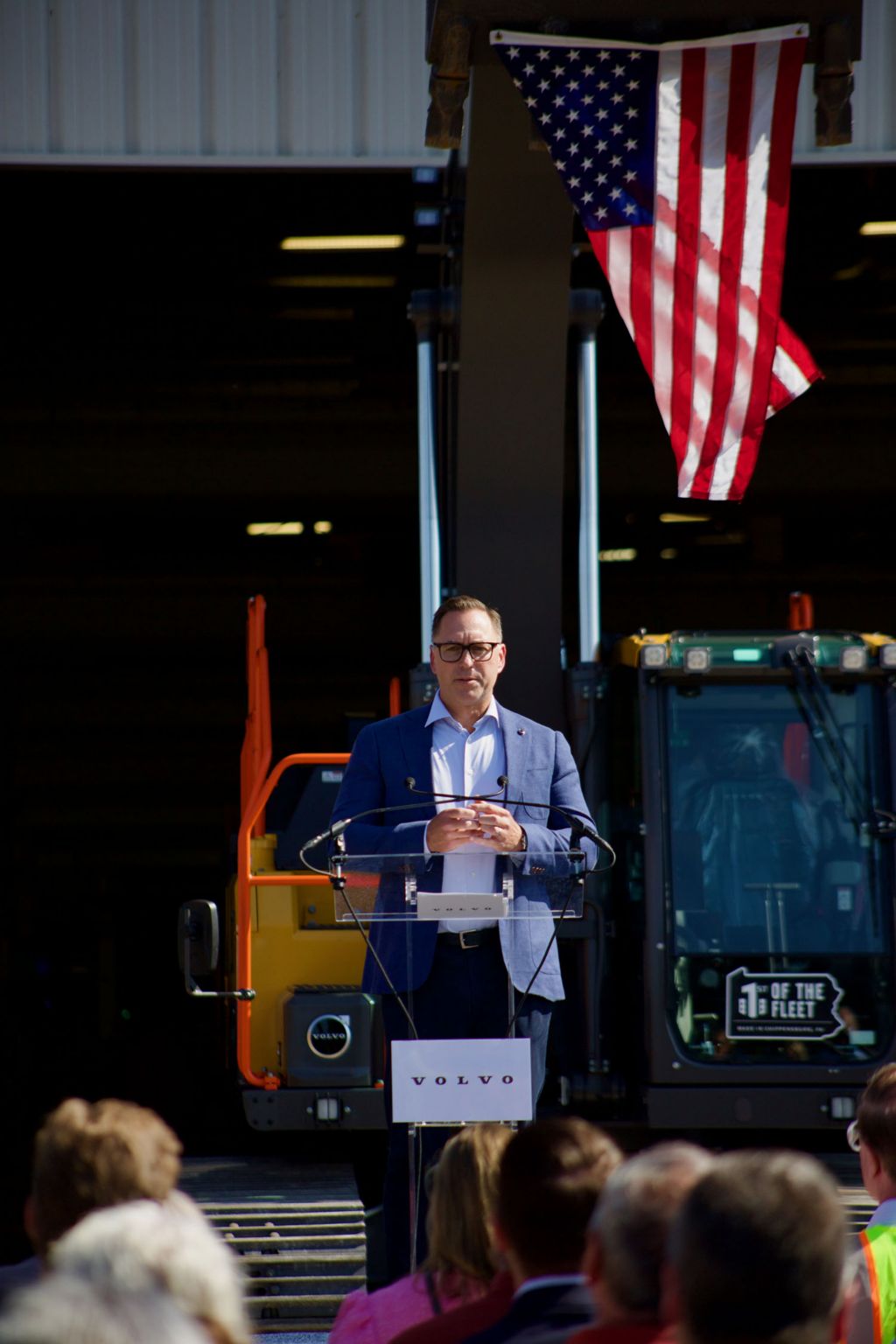 Scott Young, Head of Region North America for Volvo CE, speaks to the crowd at the Aug. 19 event.