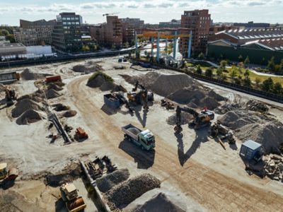 Volvo truck at construction excavation site aerial
