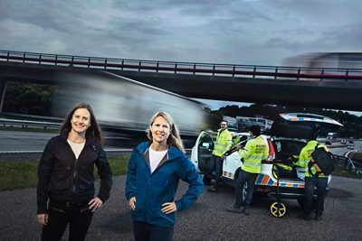 1.35 million people die globally in traffic each year.  We work for the safety of all road users, both inside and outside our trucks. Our vision is zero accidents. There is no other alternative,  says Anna Theander, Accident Research Team Leader (right), standing together with Anna Wrige Berling, Traffic and Product Safety Director at Volvo Trucks (left). 