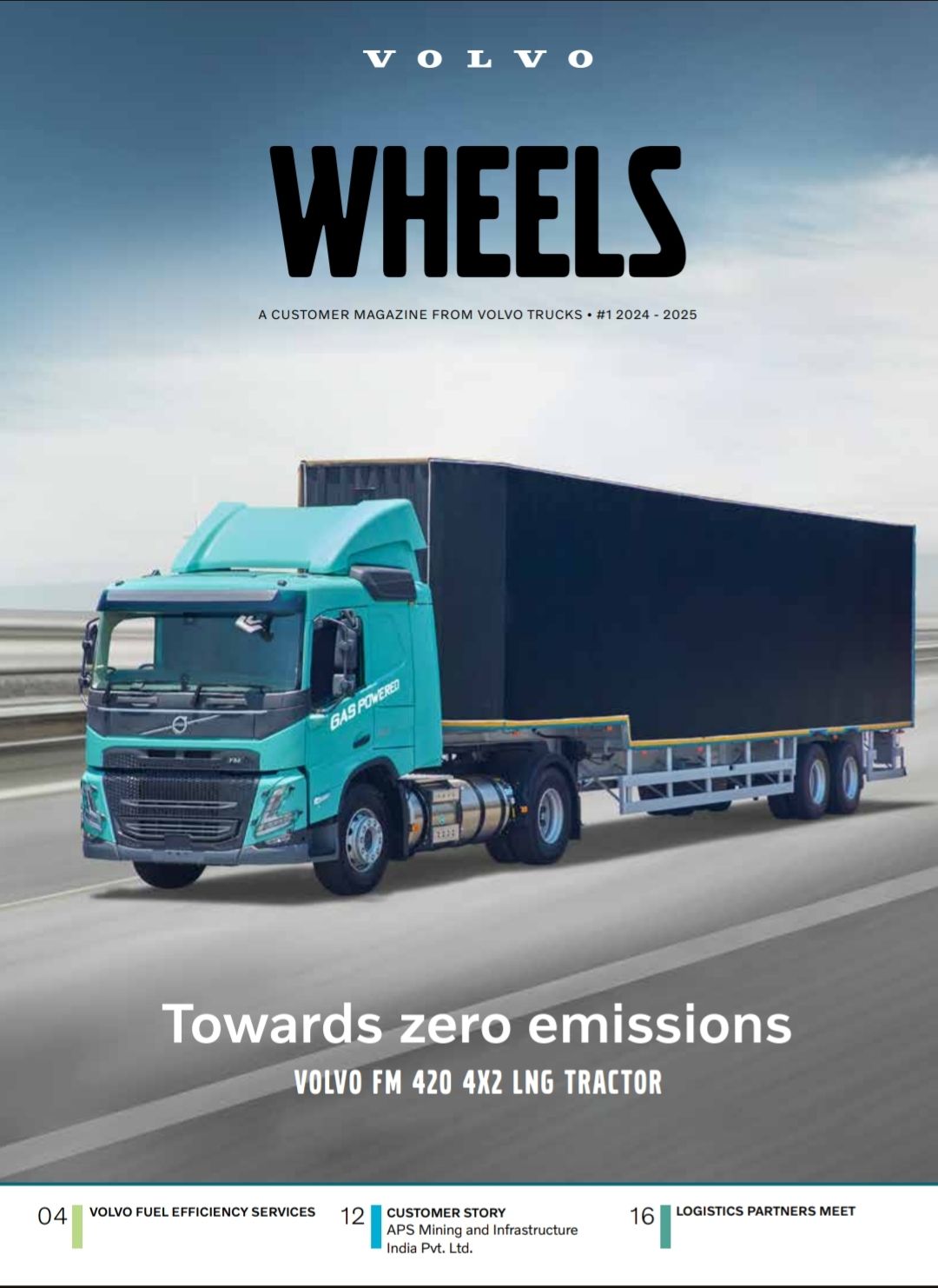 A banner of the Wheels magazine with a blue volvo truck